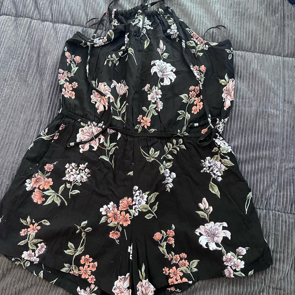 Angie Black Romper with Floral Design